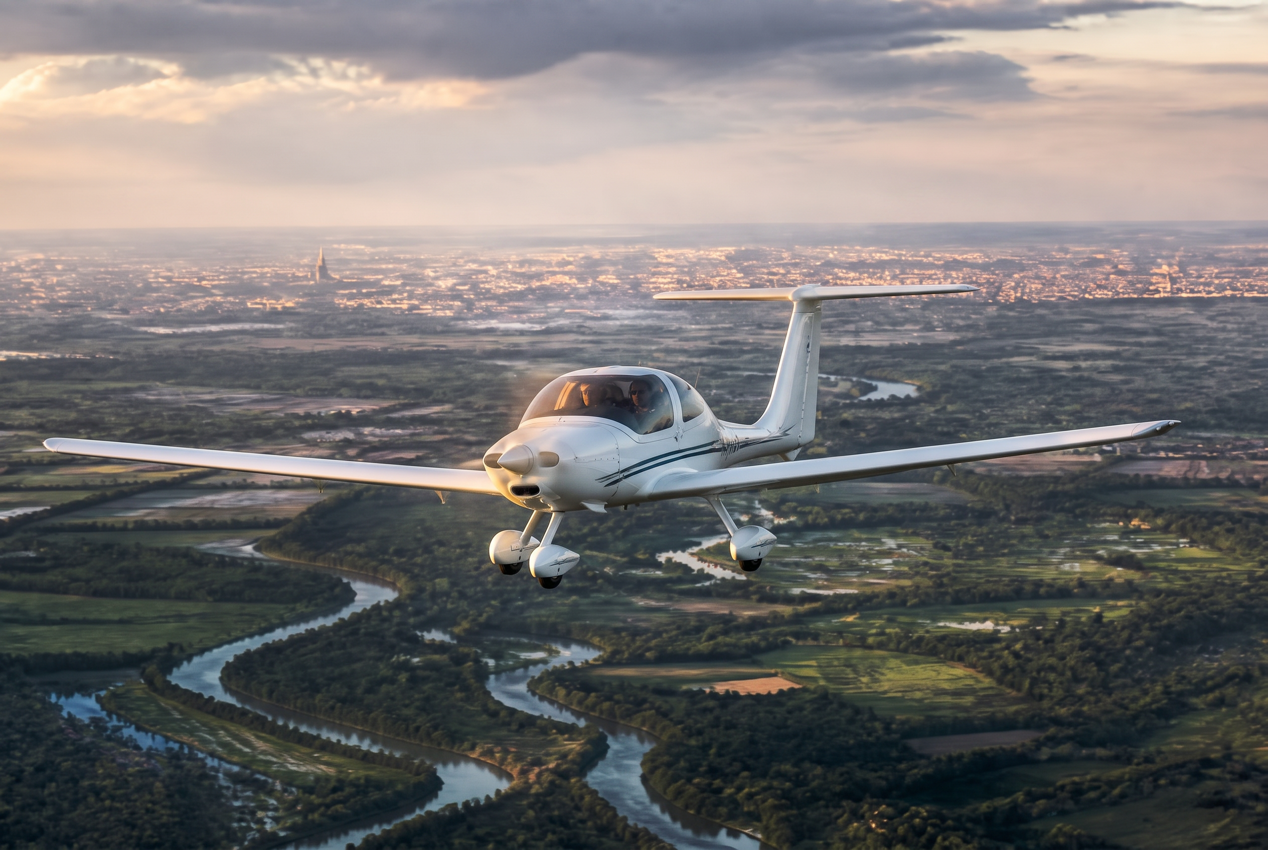 Samolot Diamond DA40 w locie nad krajobrazem Dolnego Śląska o zachodzie słońca